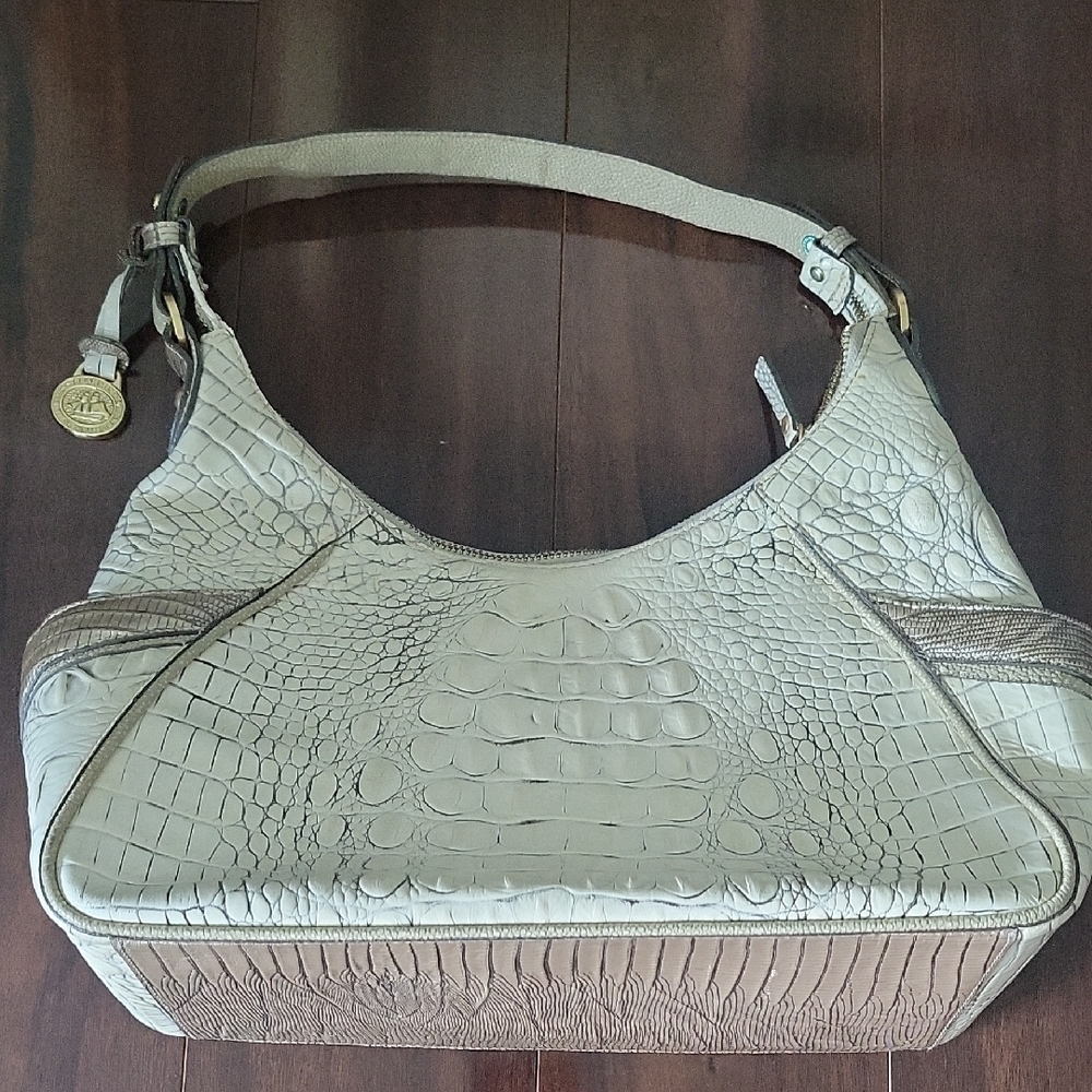 Brahmin Cream and Tan Crocodile-Embossed Shoulder Bag